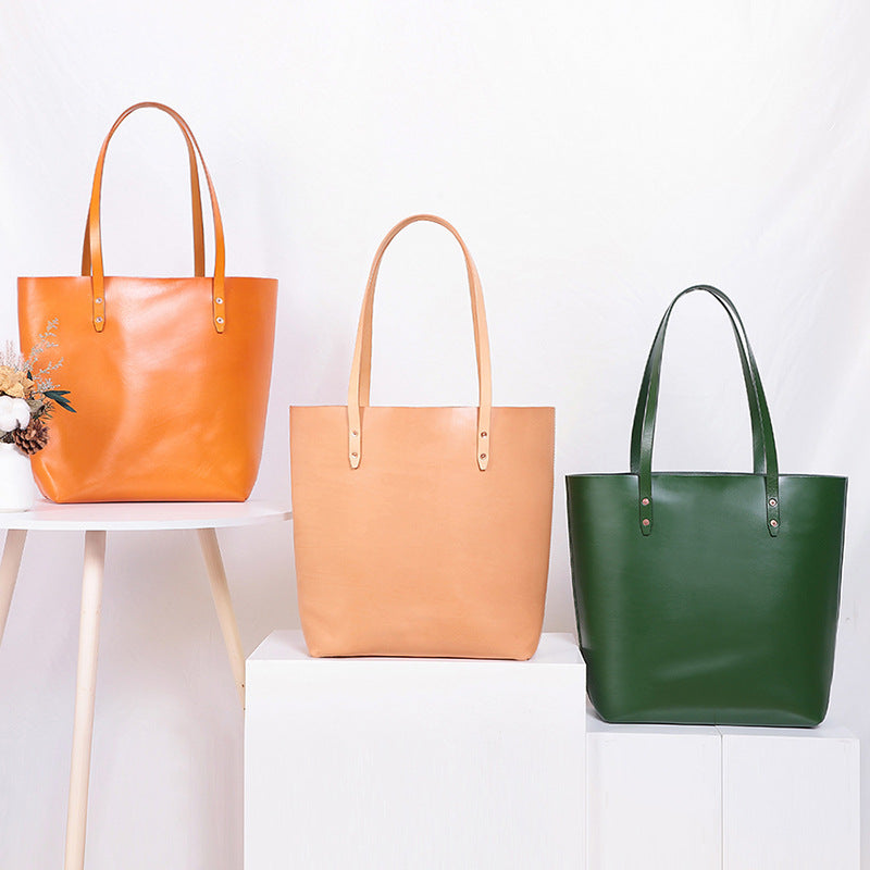 New Tote Bag, Vegetable Tanned Leather, Multifunctional Portable Shoulder Bag, Large-Capacity Leather Handbag